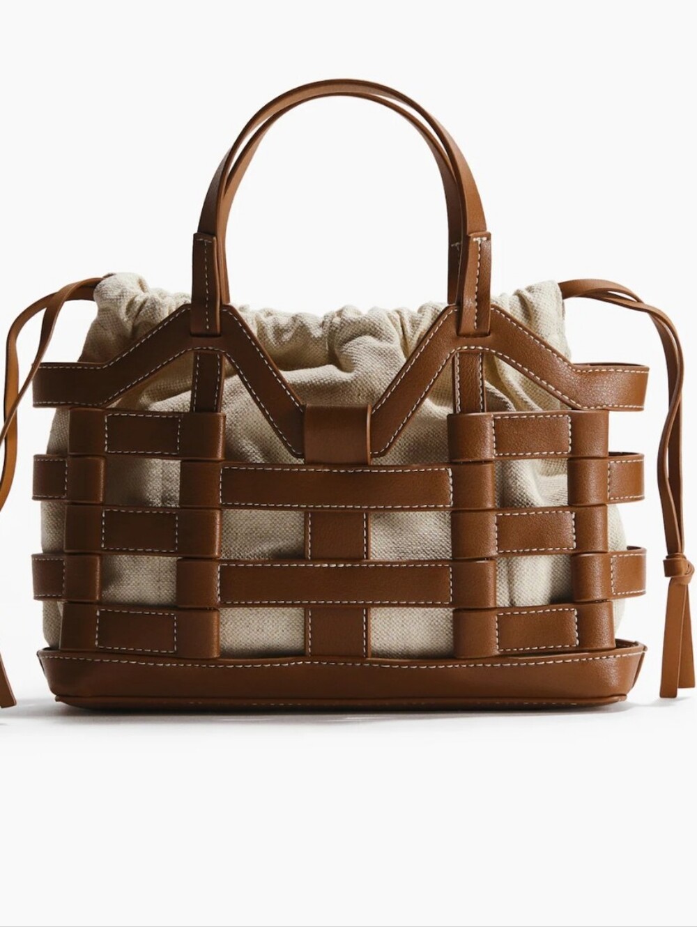 H&M Brown Woven Tote with Cream Drawstring Liner